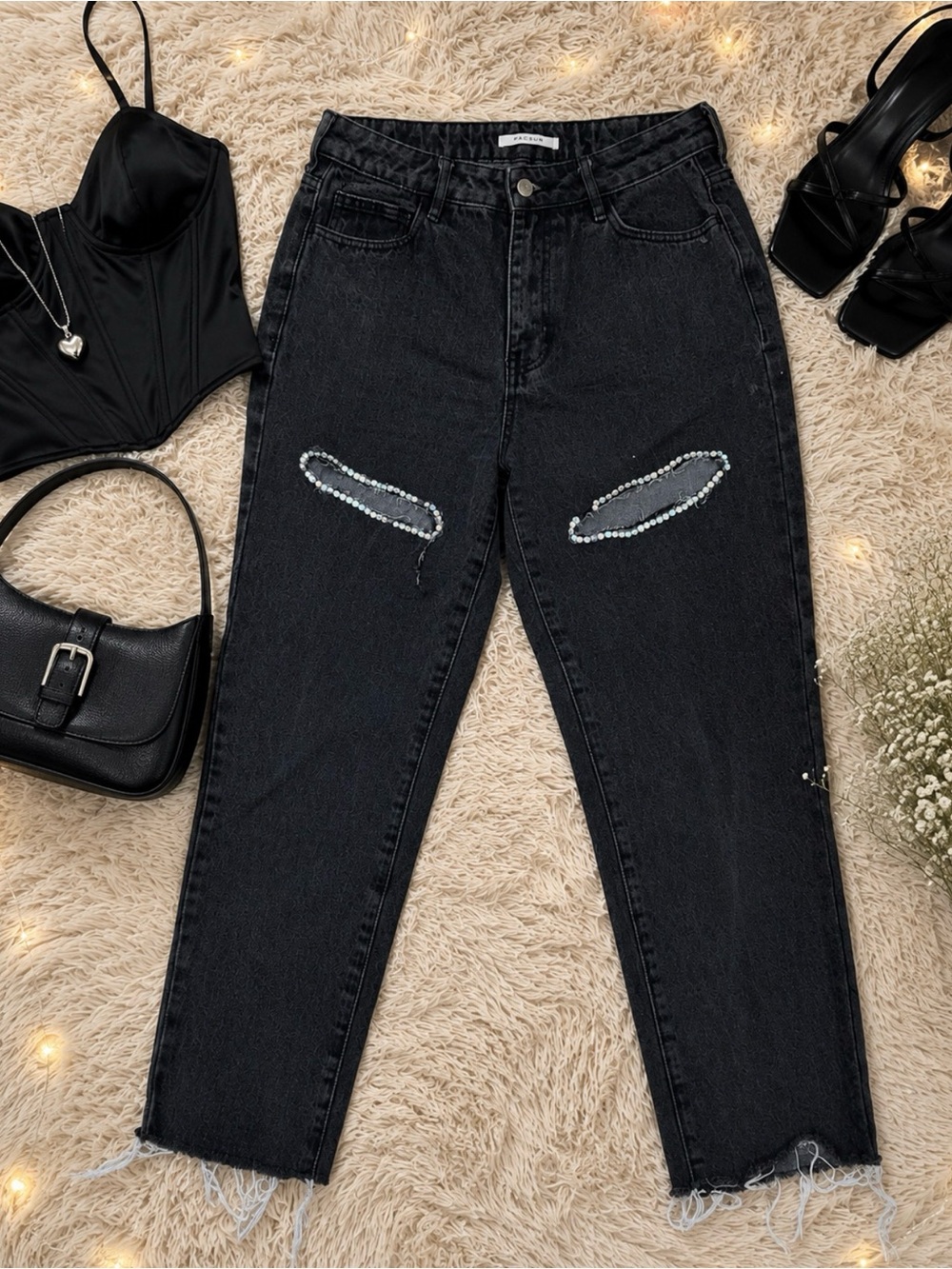 Ripped Embellished Rhinestone Mom Jeans